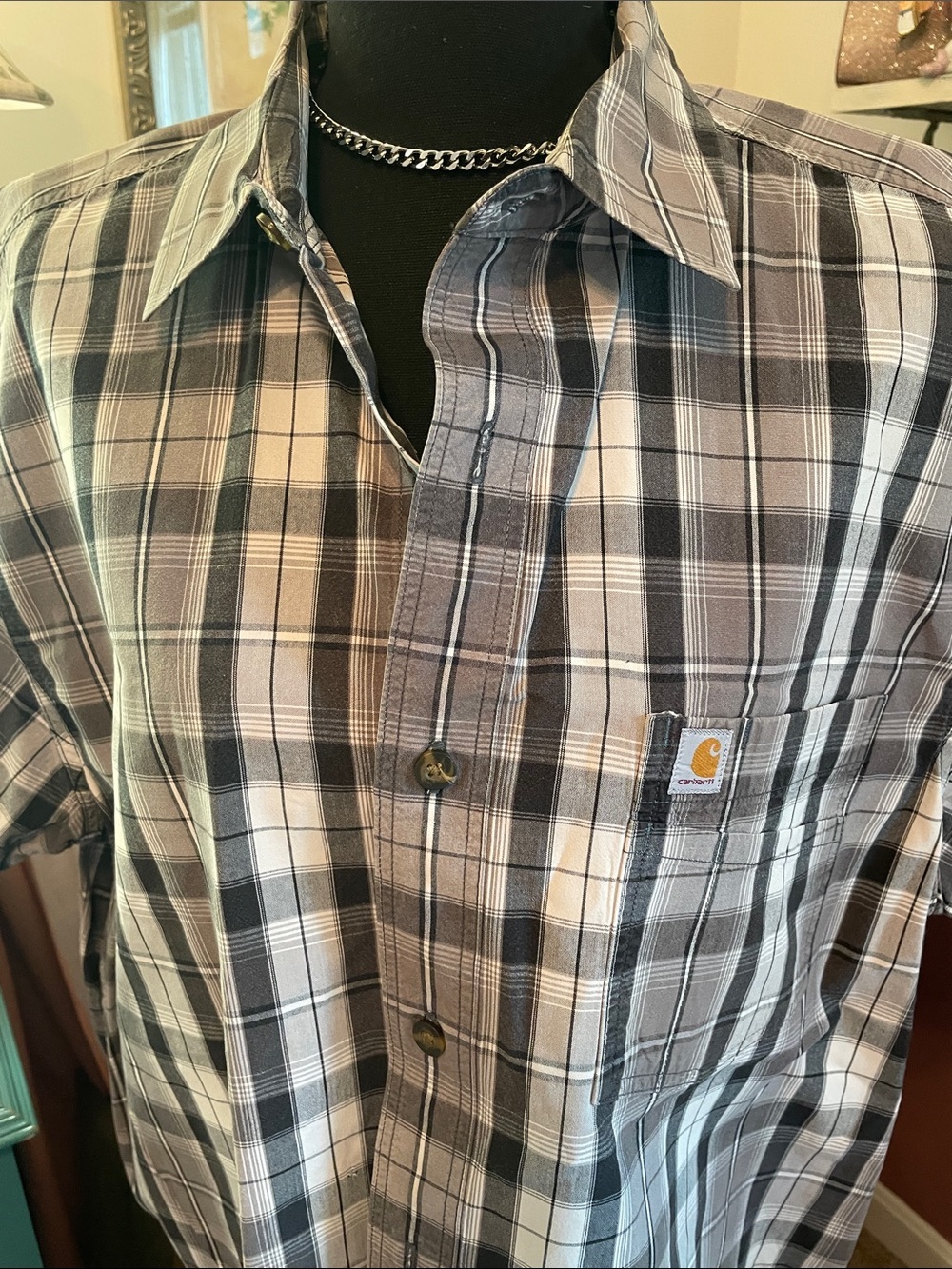 Carhartt Men’s Black and Gray Plaid Button-Down Shirt
